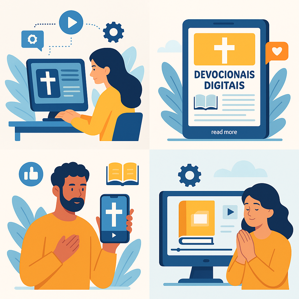 Ilustrações de pessoas criando e acessando devocionais digitais em computador, celular e tablet com elementos cristãos.