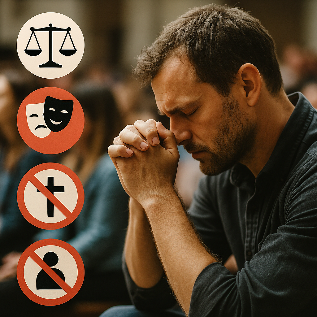 Fotografia realista de homem orando em silêncio, representando os erros que estão afastando pessoas de Cristo.