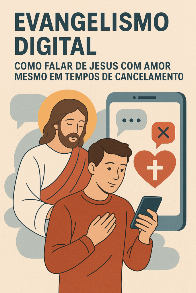 Ilustração de evangelismo digital com jovem usando celular e Jesus ao fundo, representando como falar de Jesus com amor mesmo em tempos de cancelamento.