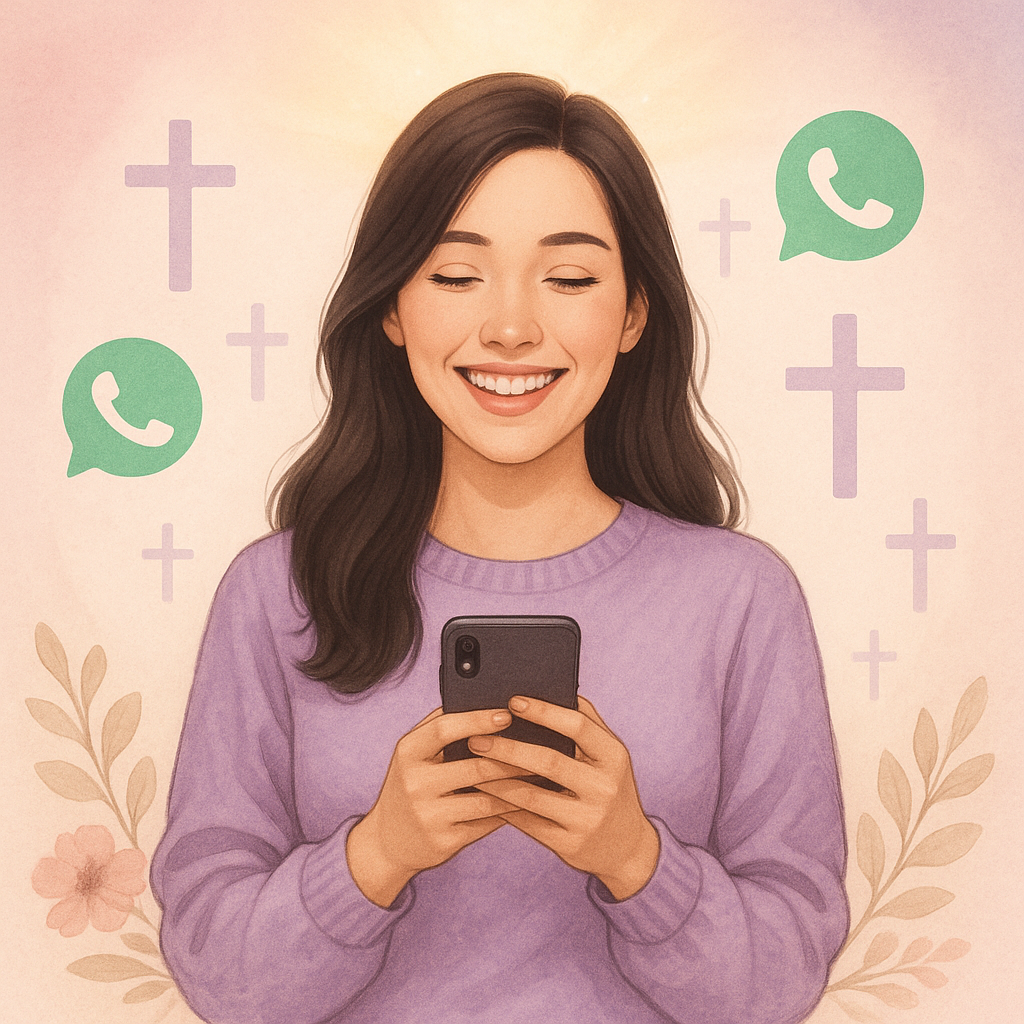 Mulher sorridente segurando celular com ícones do WhatsApp e cruzes, representando o evangelismo digital no WhatsApp.