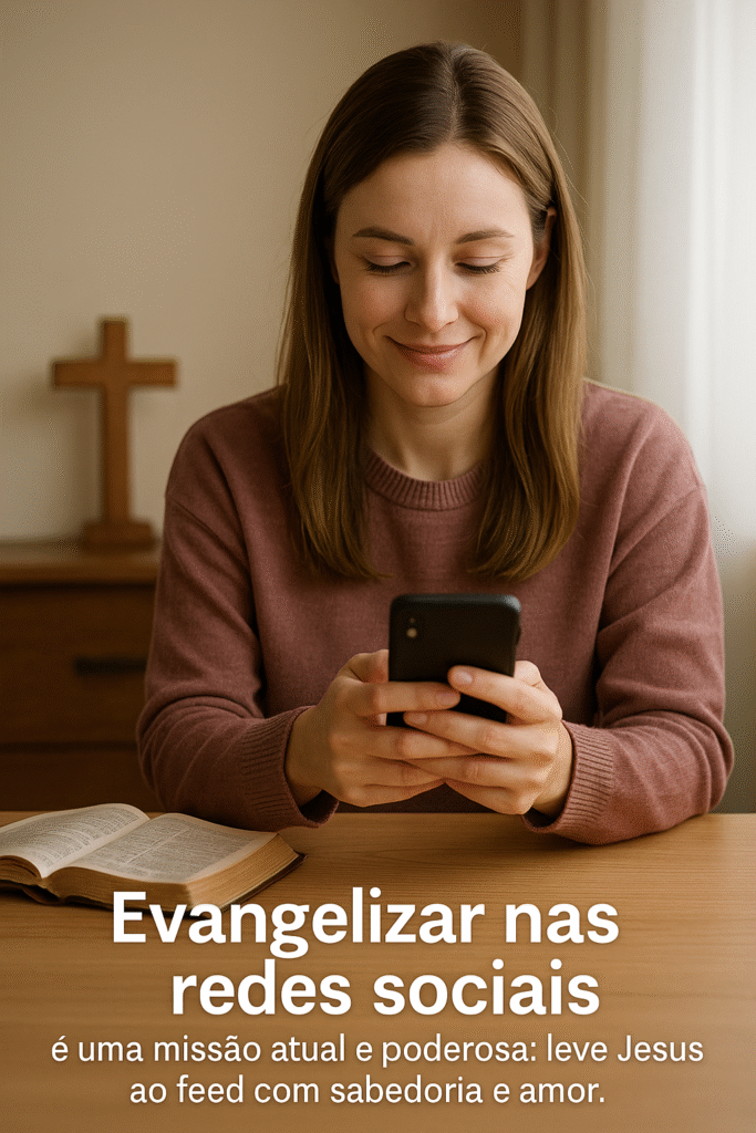Mulher cristã usando celular para evangelizar nas redes sociais com sabedoria, representando a missão digital