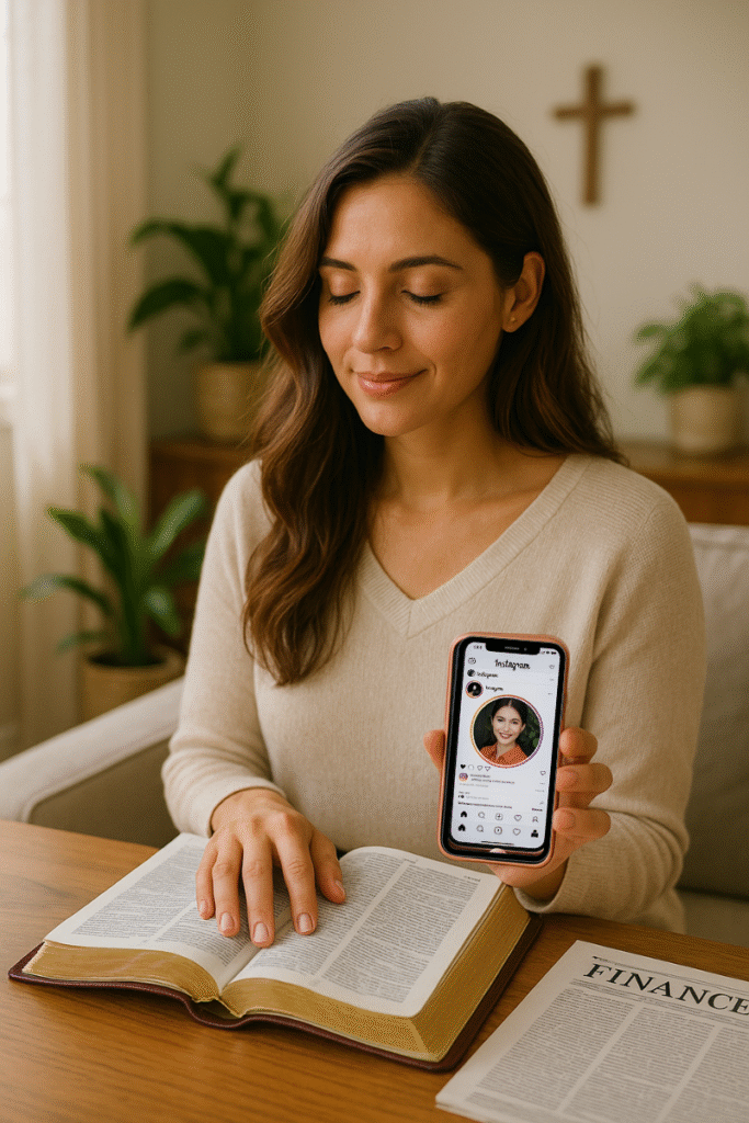 mulher lendo a biblia, meditando na palavra, mostrando o perfil no Instagram sobre devocional 