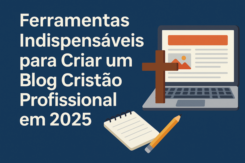 Ferramentas para blog cristão com ilustração de laptop, cruz e bloco de notas sobre fundo azul