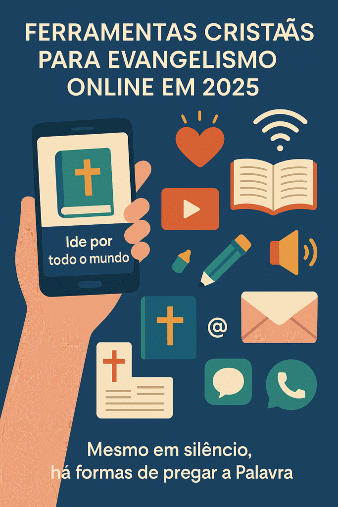Ilustração com o tema “Ferramentas Cristãs para Evangelismo Online em 2025”, mostrando ícones de Bíblia digital, redes sociais e comunicação espiritual.