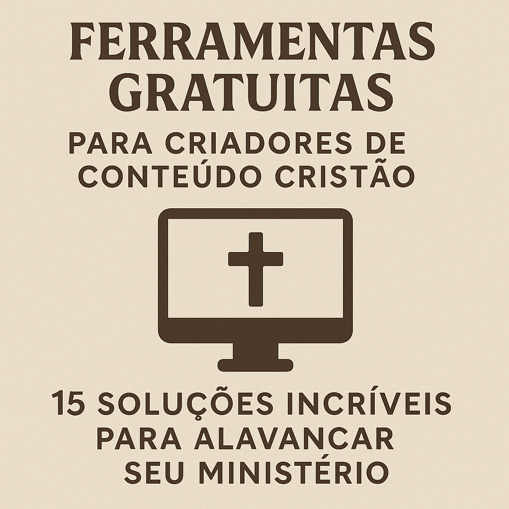 Ferramentas gratuitas para criadores de conteúdo cristão representadas visualmente em layout com cruz e computador