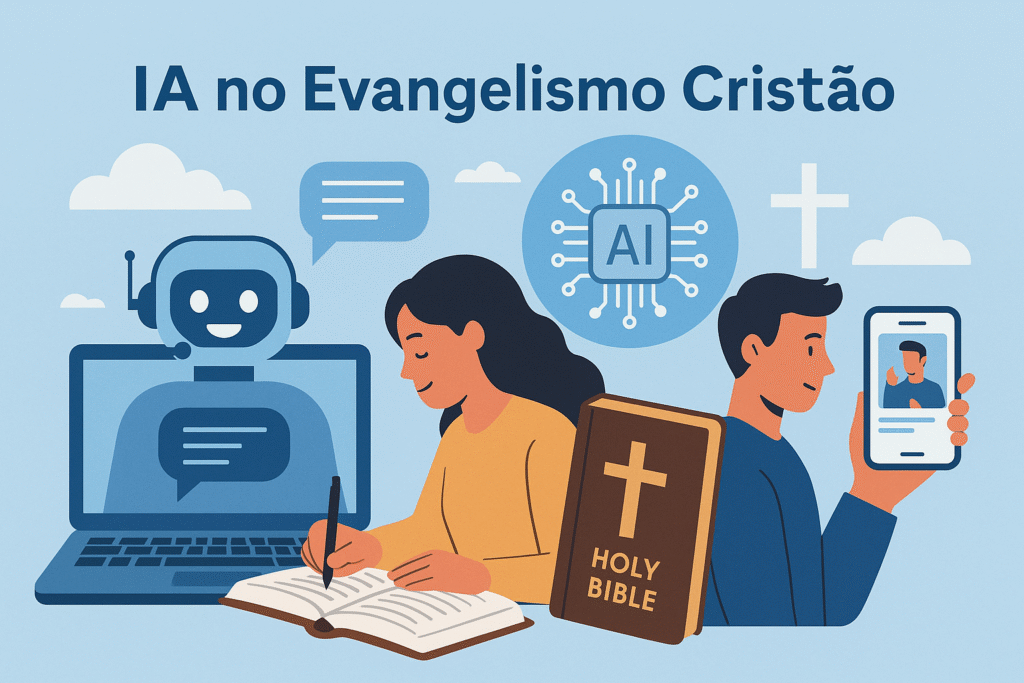 Ilustração de chatbot, Bíblia, jovem escrevendo e evangelismo digital com IA no evangelismo cristão.