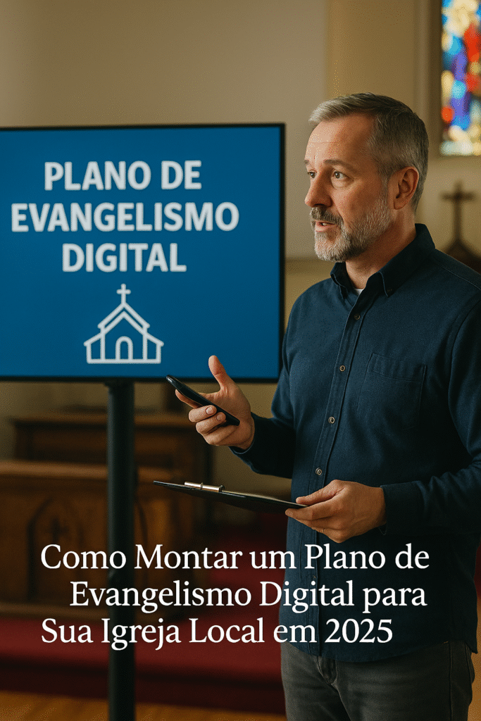 Equipe de igreja montando um plano de evangelismo digital em 2025 com laptops, Bíblias e quadro branco — Plano de Evangelismo Digital.
