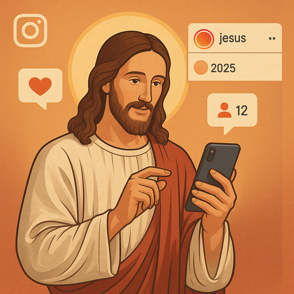 Jesus nas redes sociais – ilustração mostrando Jesus interagindo com um celular em um ambiente digital, representando como Ele evangelizaria pelo Instagram em 2025.