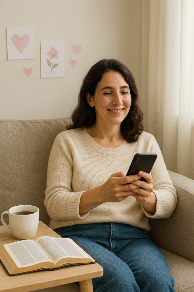 Mãe sentada confortavelmente no sofá de casa, segurando um smartphone com expressão serena, ao lado de uma Bíblia e uma xícara de café, mostrando que tem como alcançar mães afastadas no facebook.