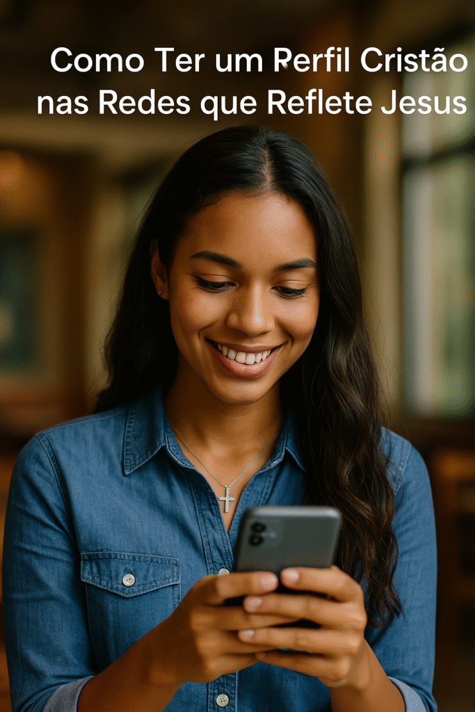 Mulher cristã usando smartphone com sorriso calmo, representando um perfil cristão nas redes.