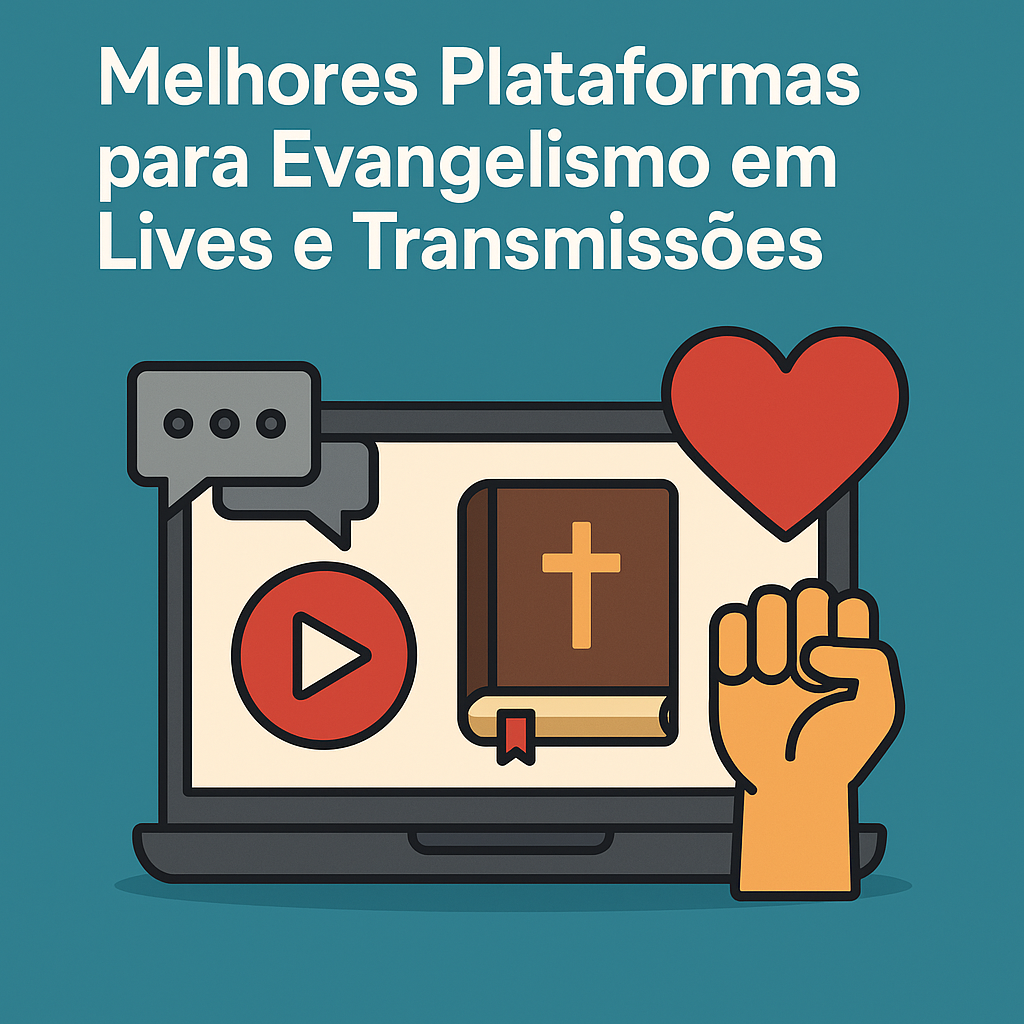 Ilustração de computador com Bíblia, botão de play e coração, representando plataformas para evangelismo em lives e transmissões.