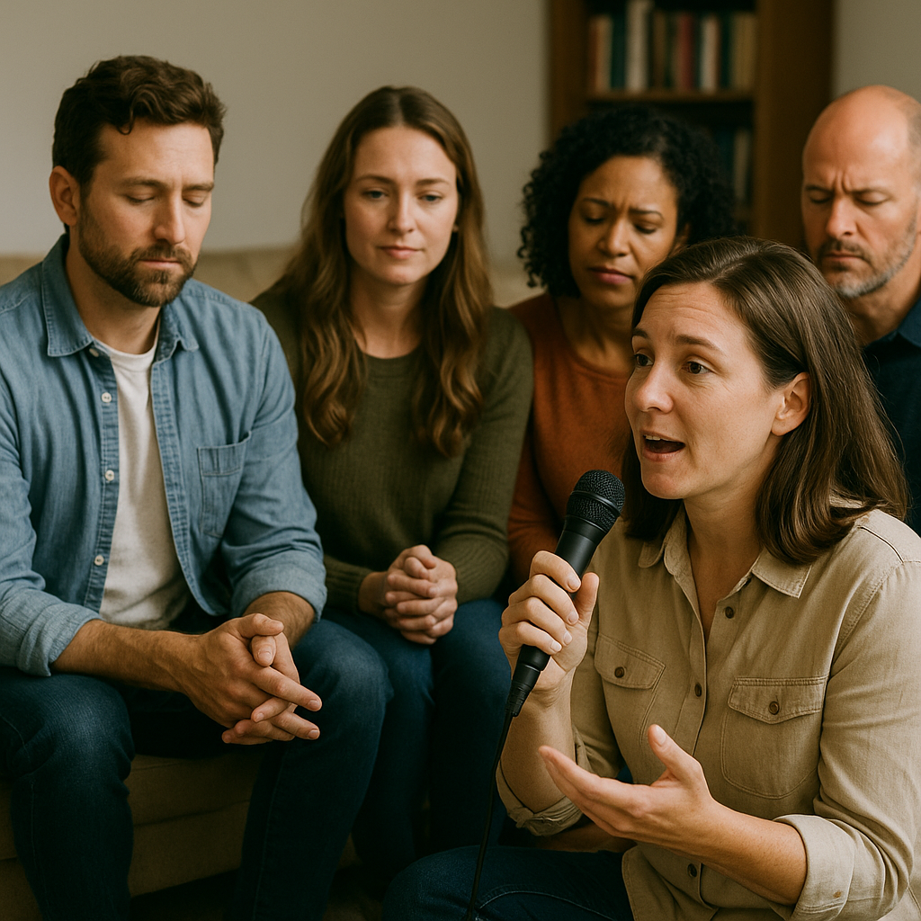 Testemunhos cristãos sendo compartilhados em grupo de oração
