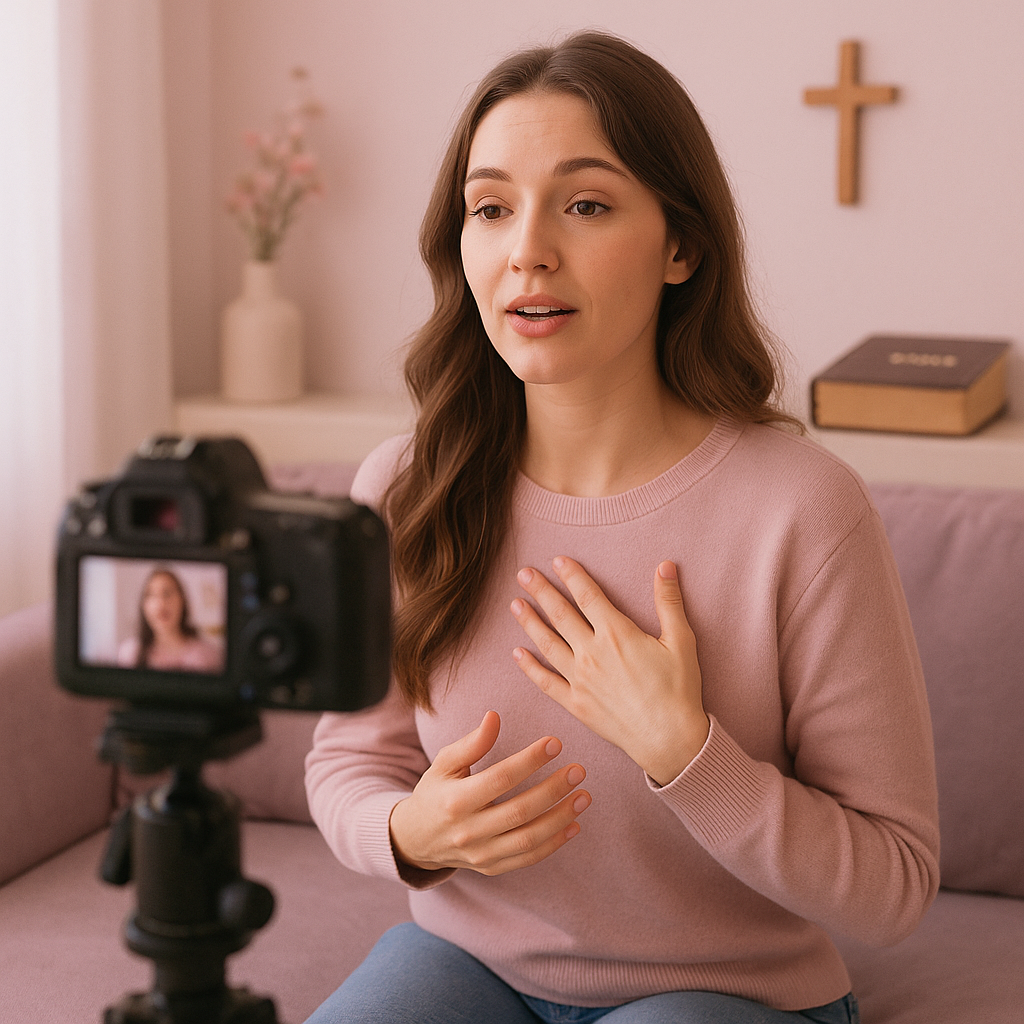 Mulher cristã gravando testemunhos evangelismo online em vídeo, sentada com Bíblia e cruz ao fundo