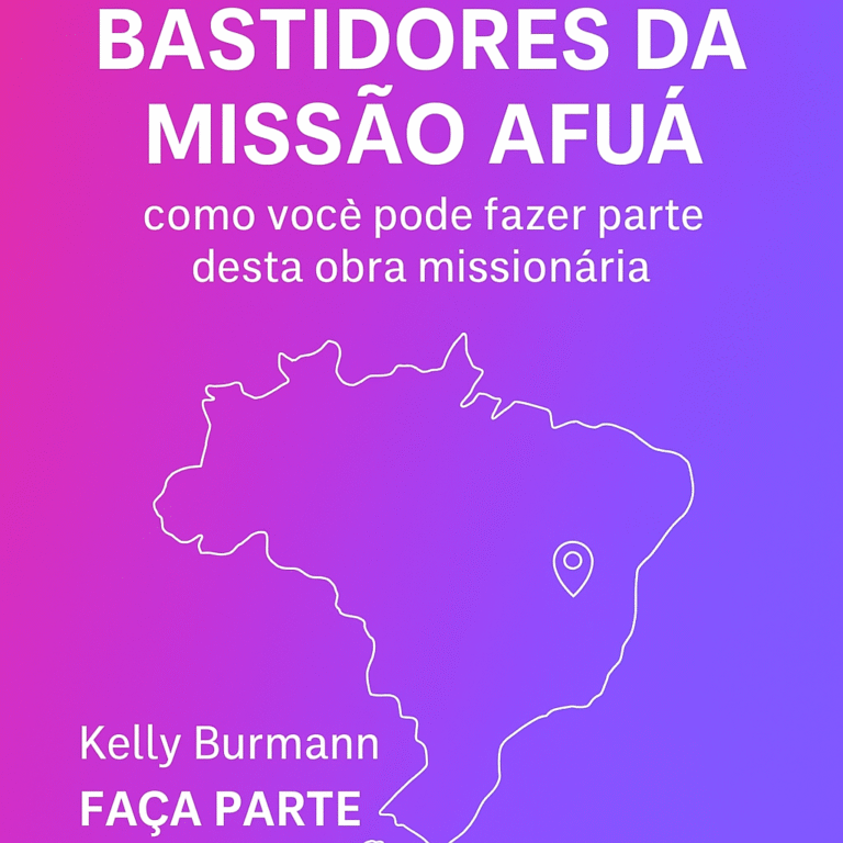 Imagem digital com fundo em tons de rosa, lilás e azul mostrando um mapa do Brasil com um aviãozinho e uma cruz, representando a Missão Afuá e como apoiar essa obra missionária cristã.