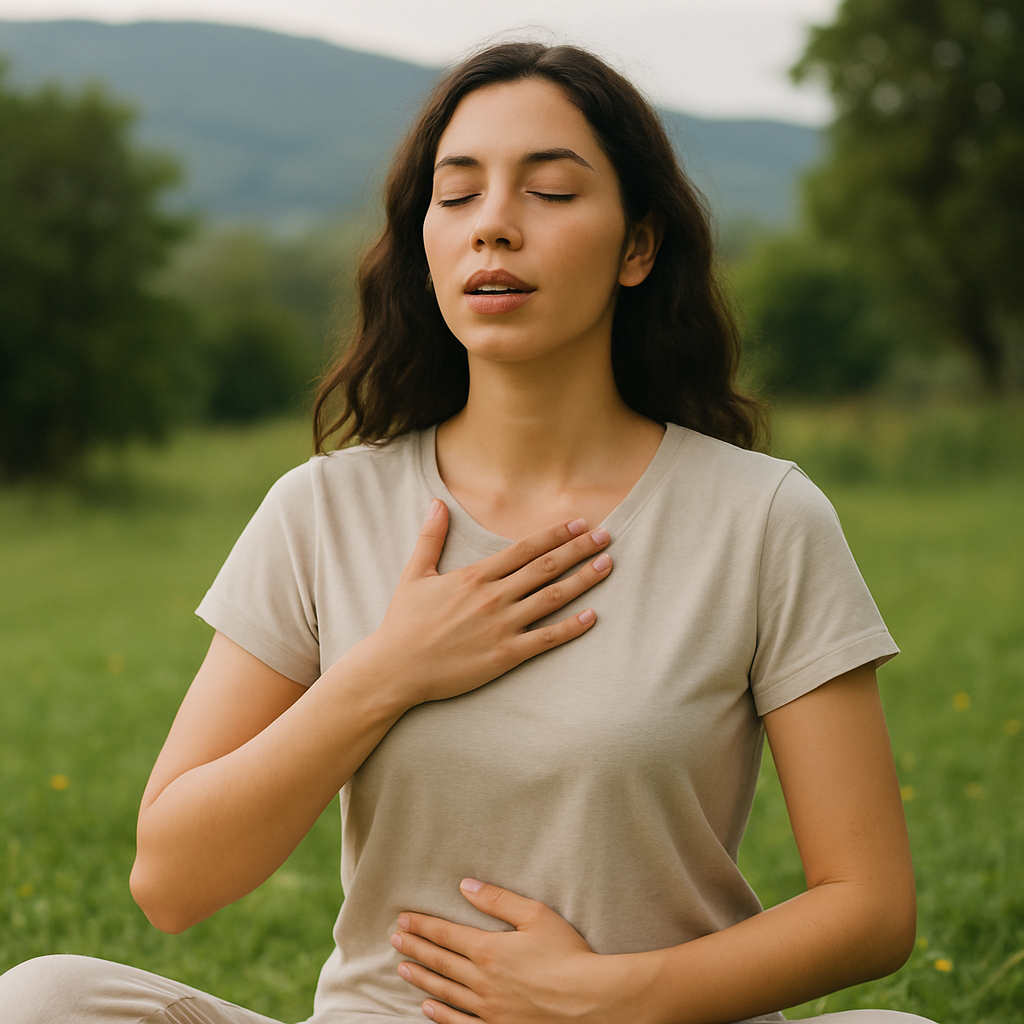 Como acaba com ansiedade Mulher em paz praticando respiração consciente.