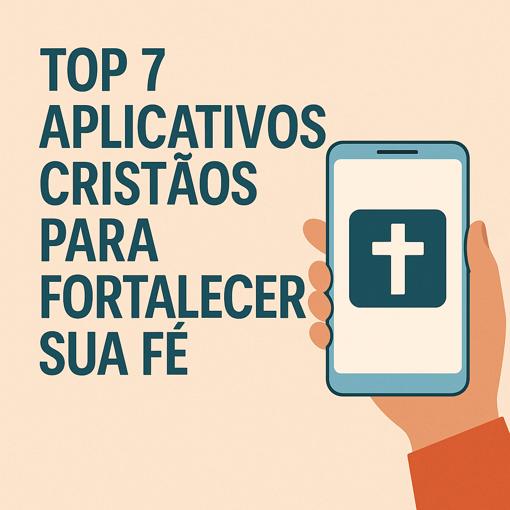 Imagem com título Top 7 Aplicativos Cristãos para fortalecer a fé, ilustrando um celular com símbolo de cruz