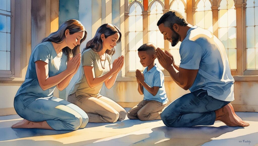 Família unida ajoelhada fazendo orações dentro de uma igreja, com luz do sol entrando pelas janelas, simbolizando fé e união.